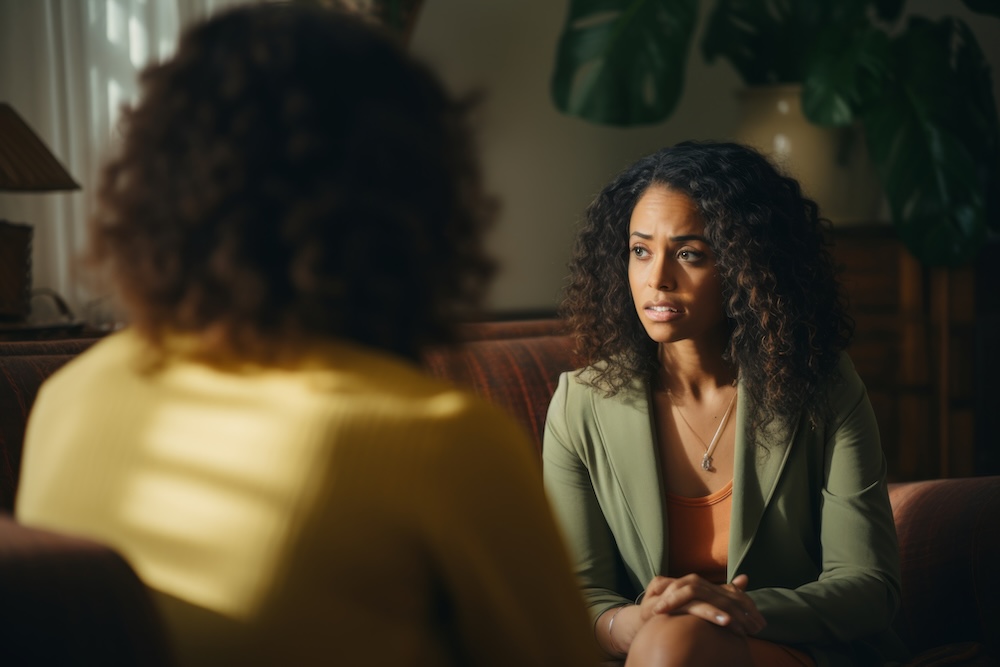 Two women engaged in a supportive therapy conversation, representing cognitive rehabilitation feedback session and collaborative treatment planning