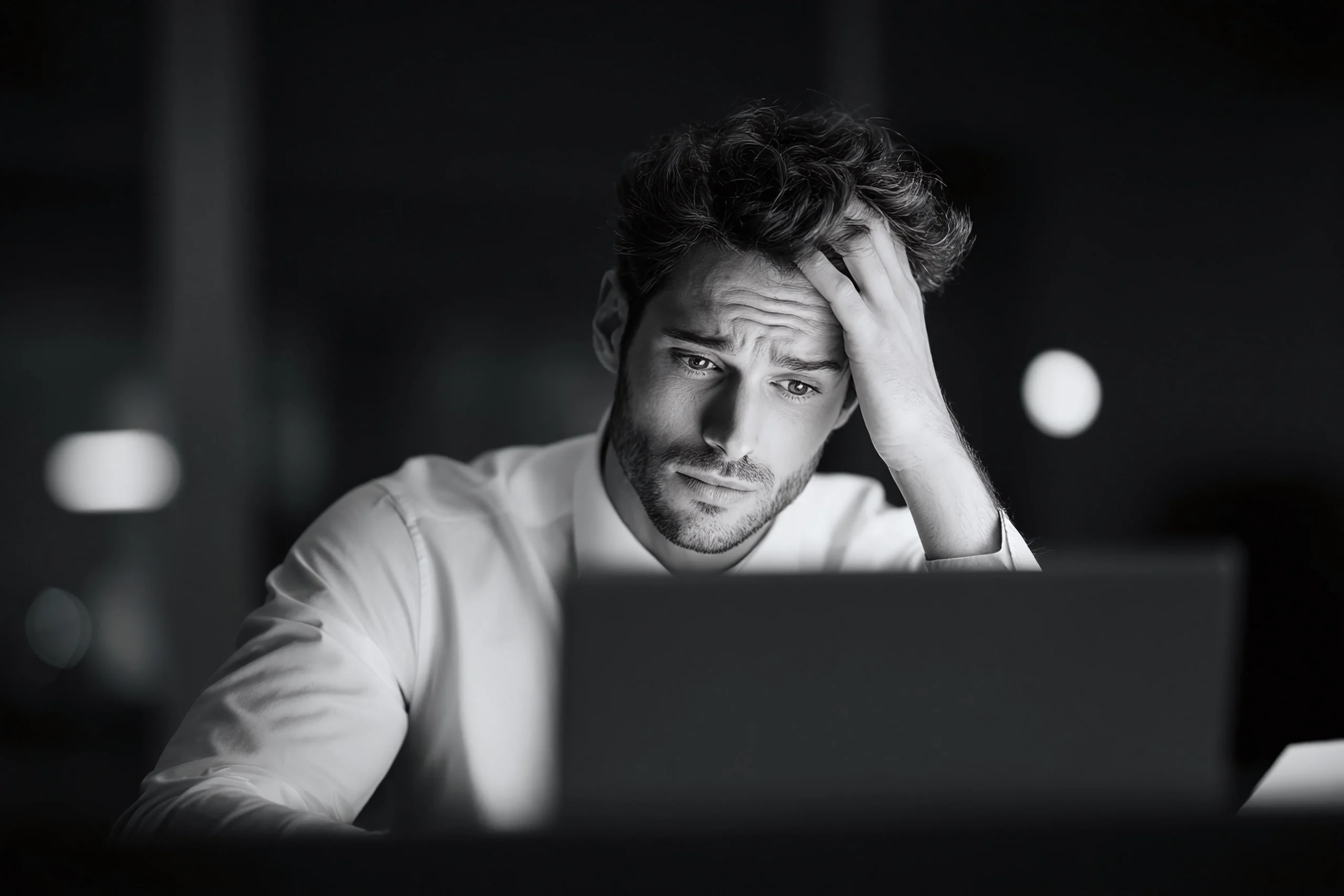 Black and white photo of stressed man with hand on forehead looking at laptop screen in dark setting, showing signs of exhaustion and mental fatigue