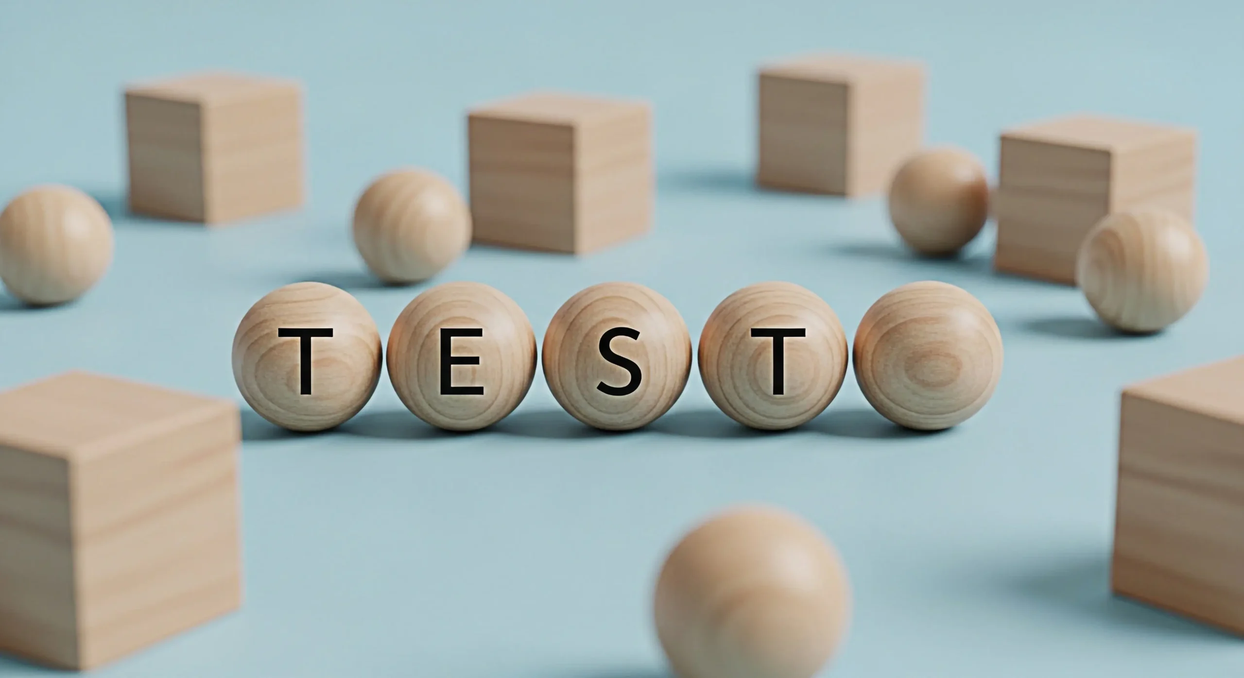 Wooden blocks and spheres spelling TEST on a light blue background, representing cognitive screening and neuropsychological assessment