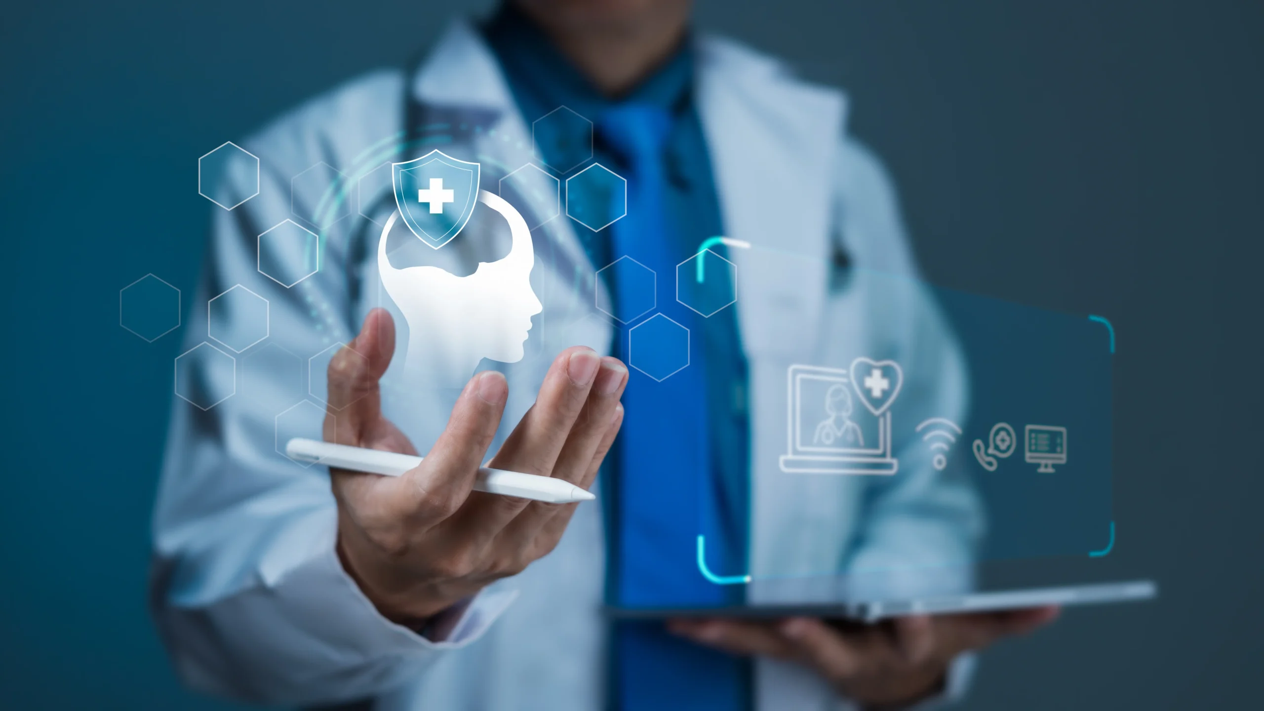 Healthcare professional holding tablet with holographic brain and medical icons, representing cognitive rehabilitation therapy and neurological care