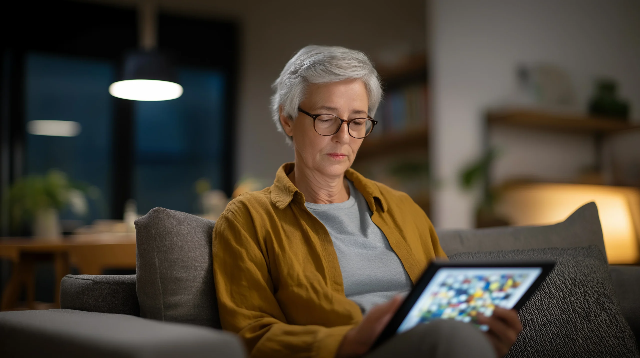 Older woman with glasses using a tablet while sitting on a couch, representing personalized cognitive rehabilitation treatment planning