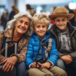 Grandmother with two young grandsons at airport preparing for travel, illustrating the importance of maintaining cognitive health in retirement to enjoy precious family moments