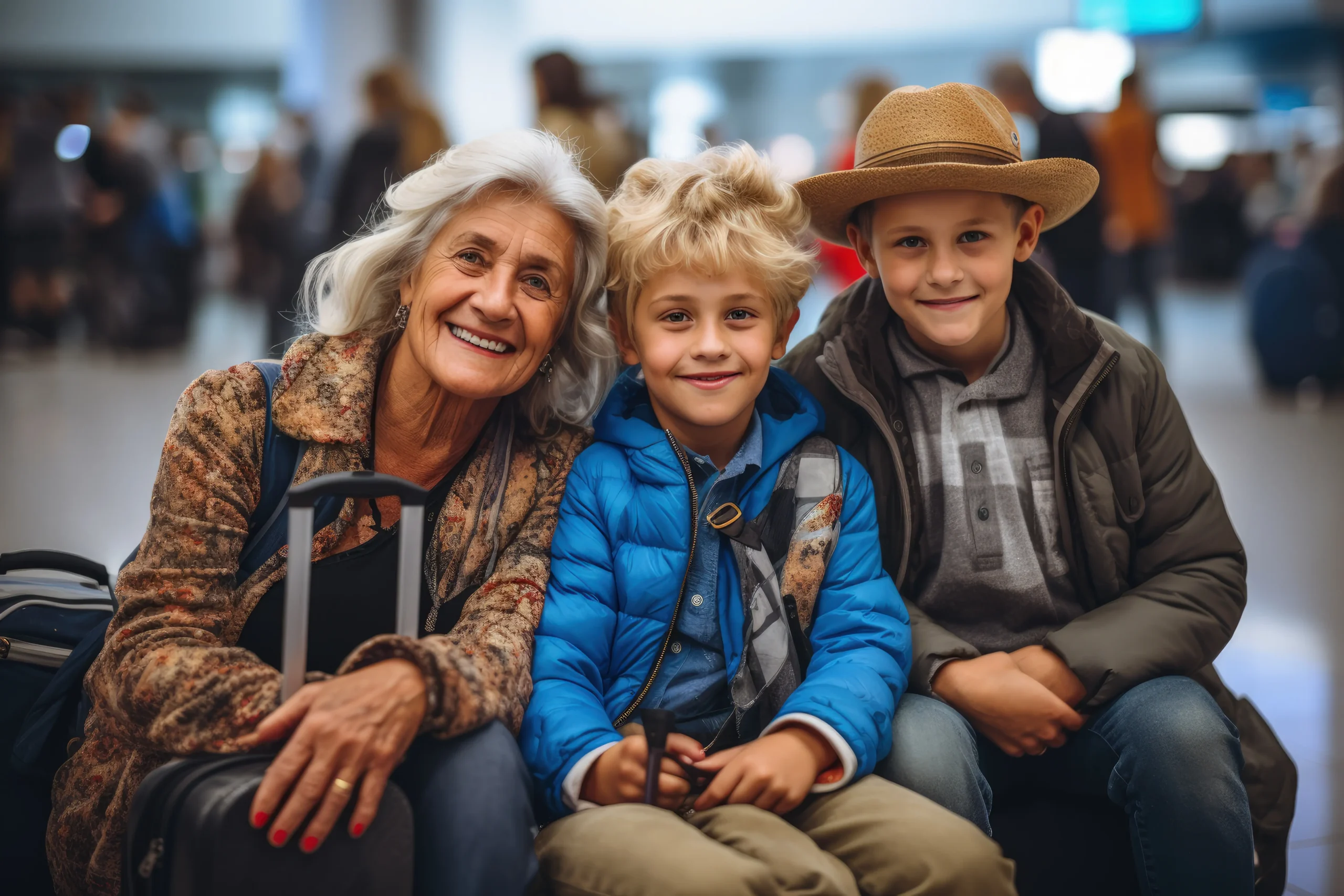 Grandmother with two young grandsons at airport preparing for travel, illustrating the importance of maintaining cognitive health in retirement to enjoy precious family moments