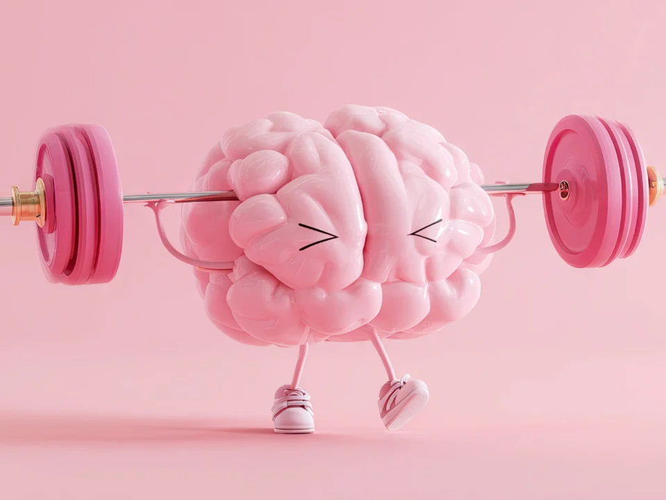 Pink cartoon brain character with arms and legs lifting a barbell, representing mental fitness and cognitive strength training