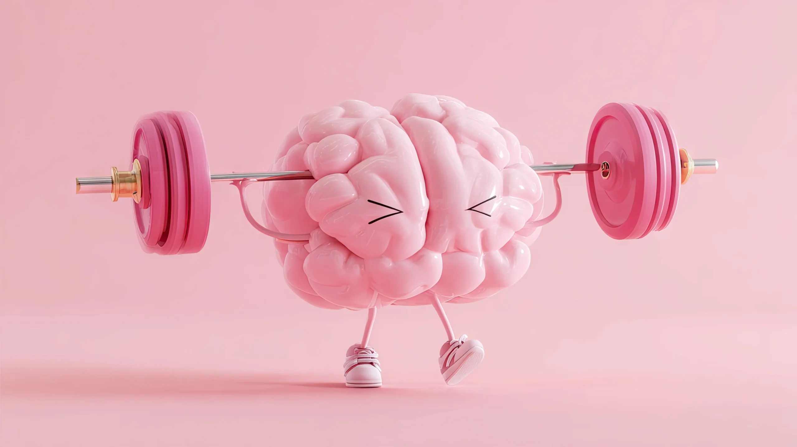 Pink cartoon brain character with arms and legs lifting a barbell, representing mental fitness and cognitive strength training