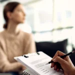 A psychologist takes notes on a clipboard during a patient consultation, representing the collaborative nature of psychotherapy for mental health support.