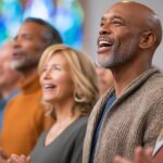 Diverse group of adults smiling and clapping together during a worship service, illustrating the cognitive and mental health benefits of faith community involvement