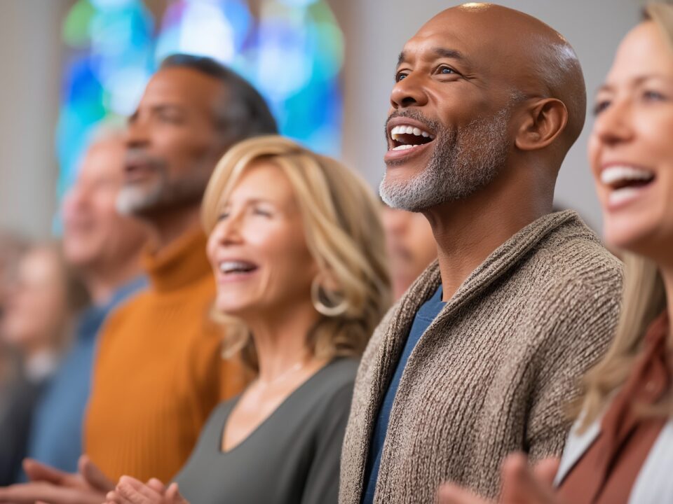 Diverse group of adults smiling and clapping together during a worship service, illustrating the cognitive and mental health benefits of faith community involvement