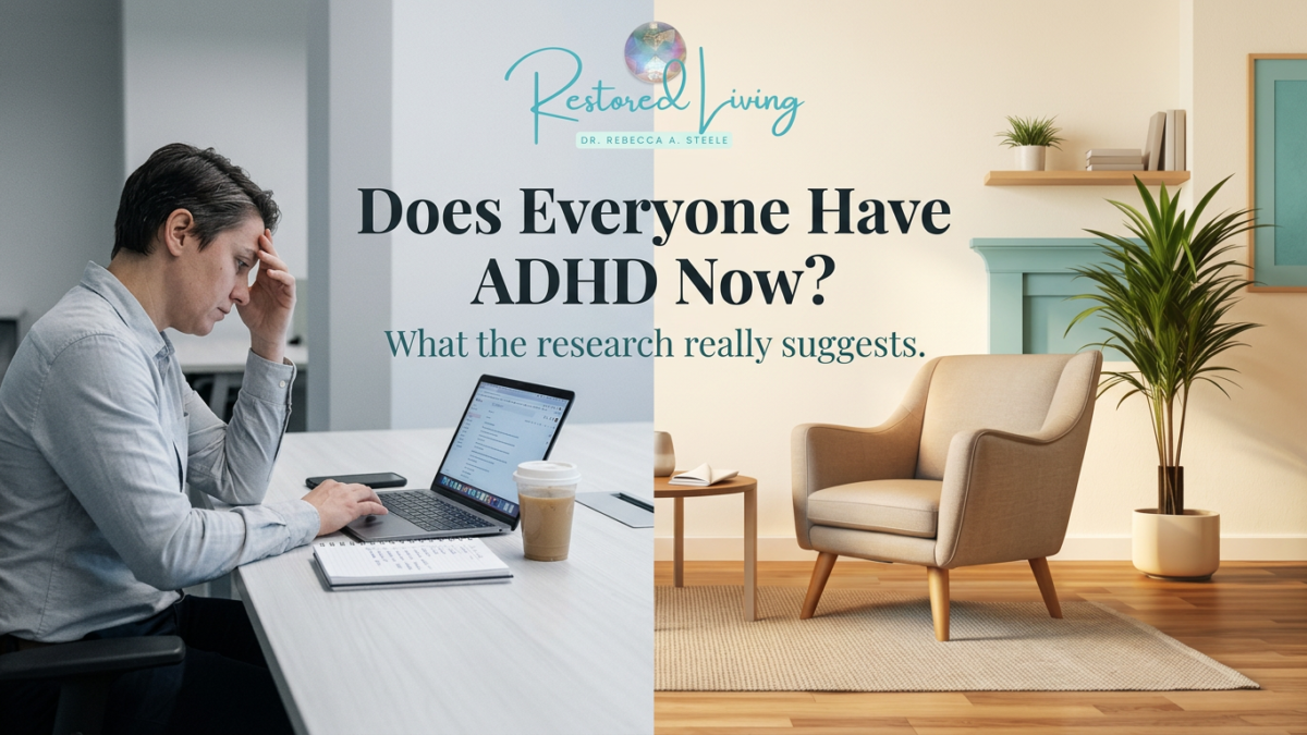 Restored Living branded graphic with a split scene showing a stressed professional at a laptop on one side and a calm therapy office on the other. Text reads: “Does Everyone Have ADHD Now? What the research really suggests.”