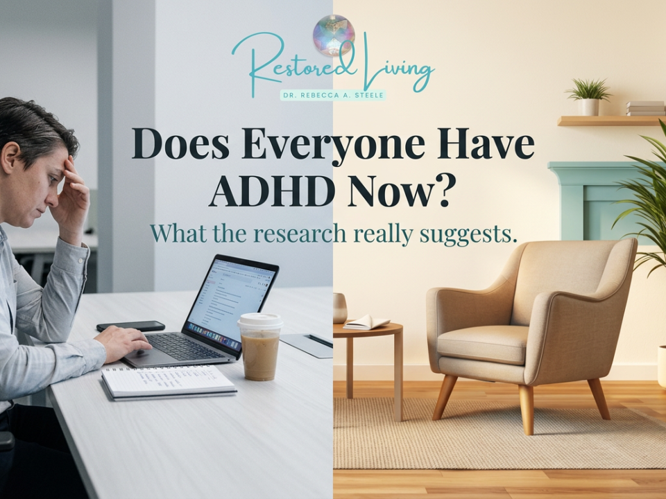 Restored Living branded graphic with a split scene showing a stressed professional at a laptop on one side and a calm therapy office on the other. Text reads: “Does Everyone Have ADHD Now? What the research really suggests.”