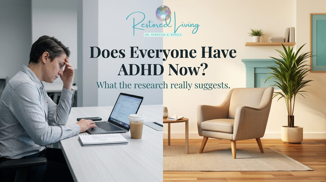 Restored Living branded graphic with a split scene showing a stressed professional at a laptop on one side and a calm therapy office on the other. Text reads: “Does Everyone Have ADHD Now? What the research really suggests.”