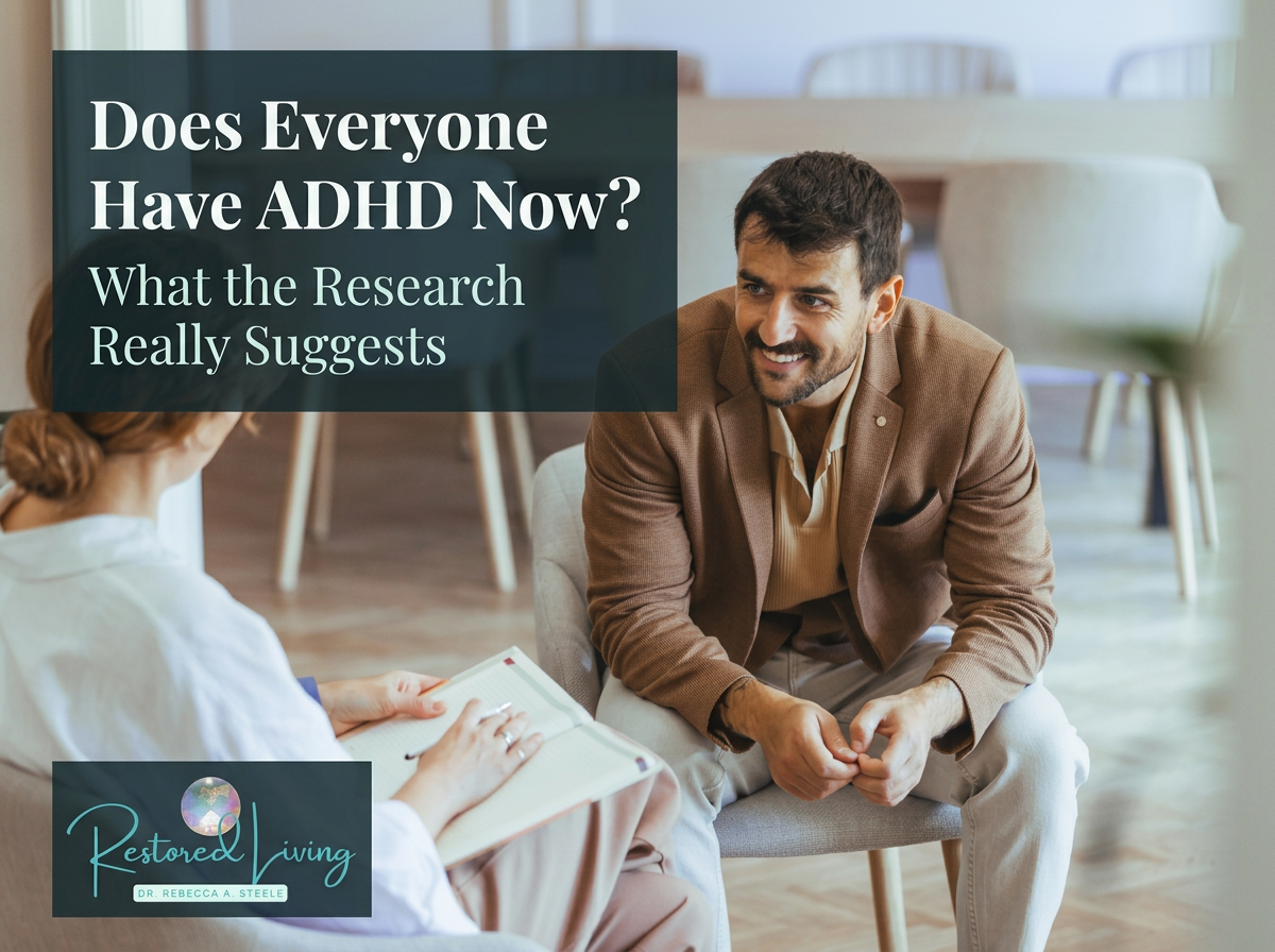 Restored Living graphic showing a professional consultation in a calm office setting. Text reads: “Does Everyone Have ADHD Now? What the Research Really Suggests.”