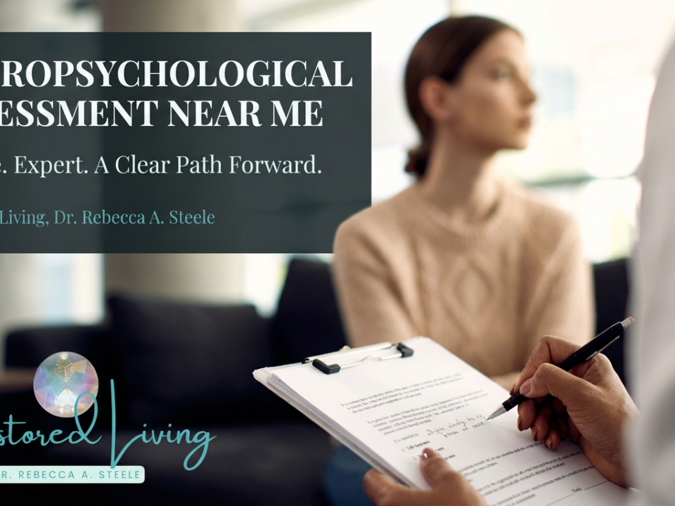 A psychologist takes notes on a clipboard while a female client looks out the window. A text box in the upper lefthand corner of the photo states "Neuropsychological assessment near me."