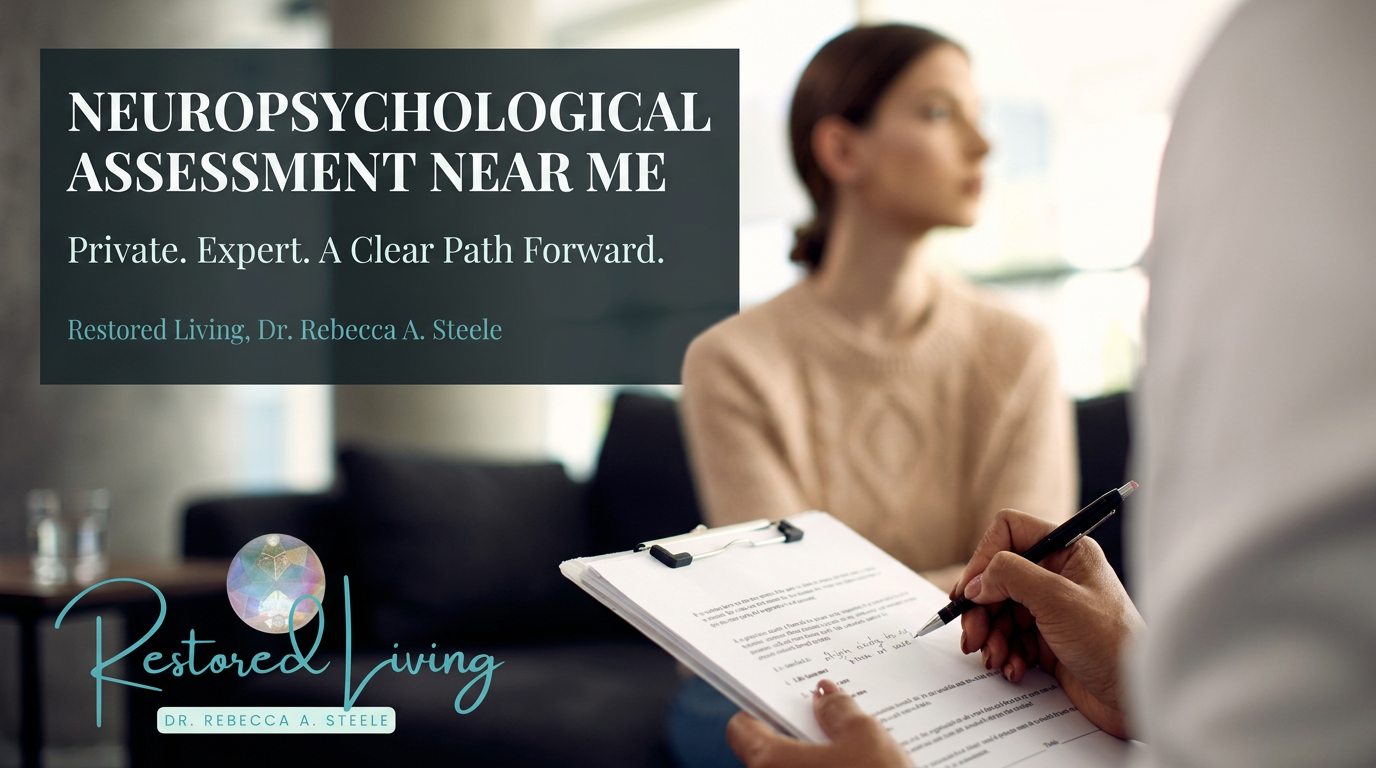 A psychologist takes notes on a clipboard while a female client looks out the window. A text box in the upper lefthand corner of the photo states "Neuropsychological assessment near me."