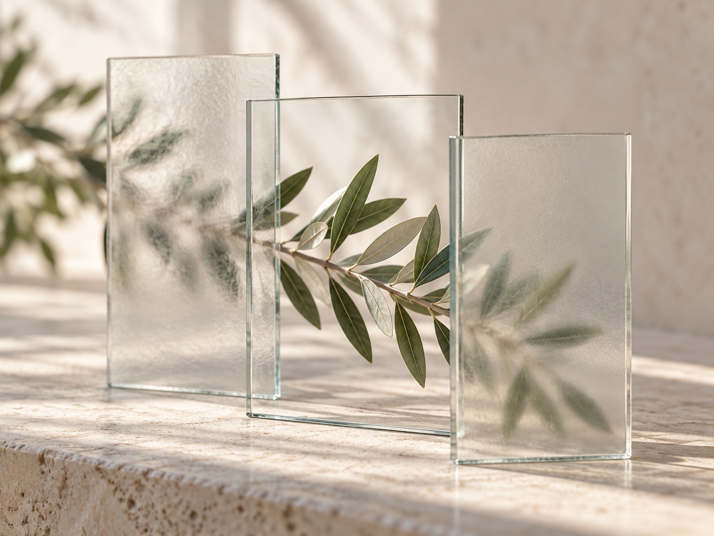 Olive branch viewed through clear and textured glass panels.