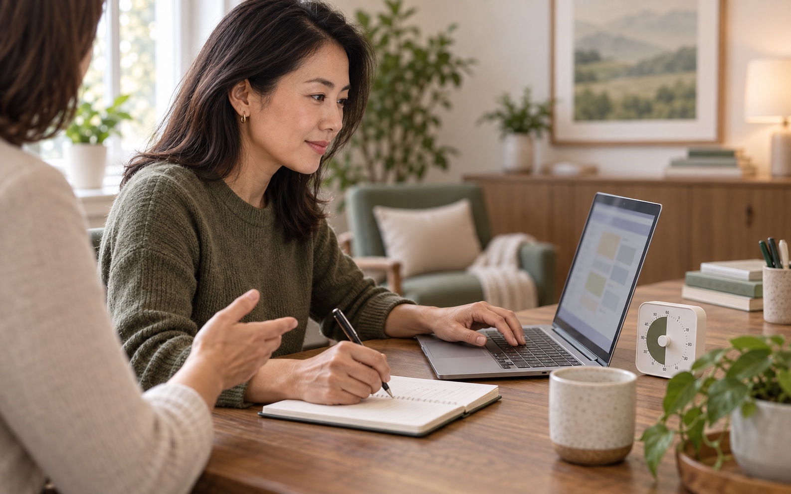 Person practicing an attention-pacing strategy with a laptop, notebook, and visual timer during cognitive rehabilitation.