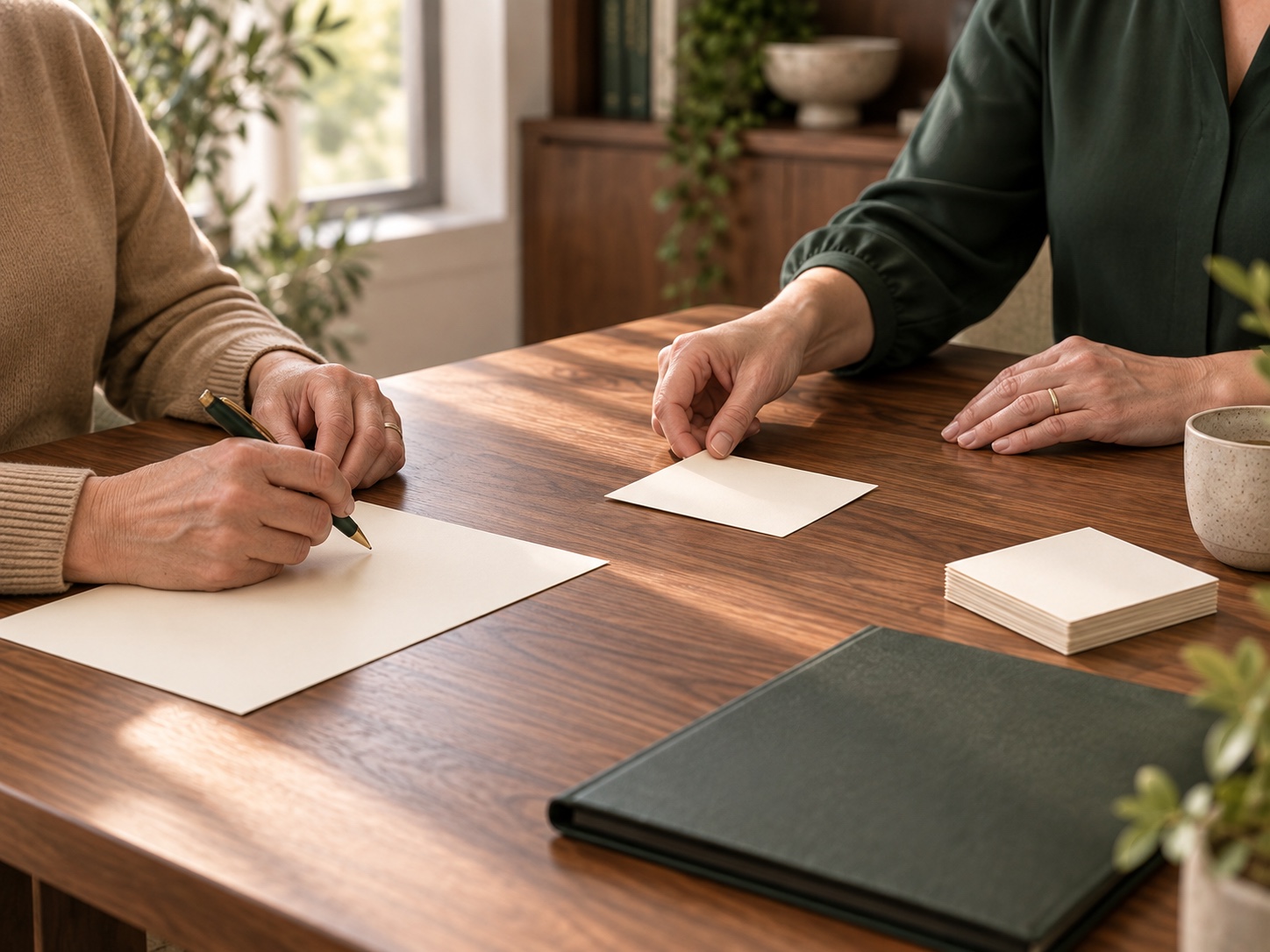 Two adults completing a brief cognitive screening at a private consultation table.