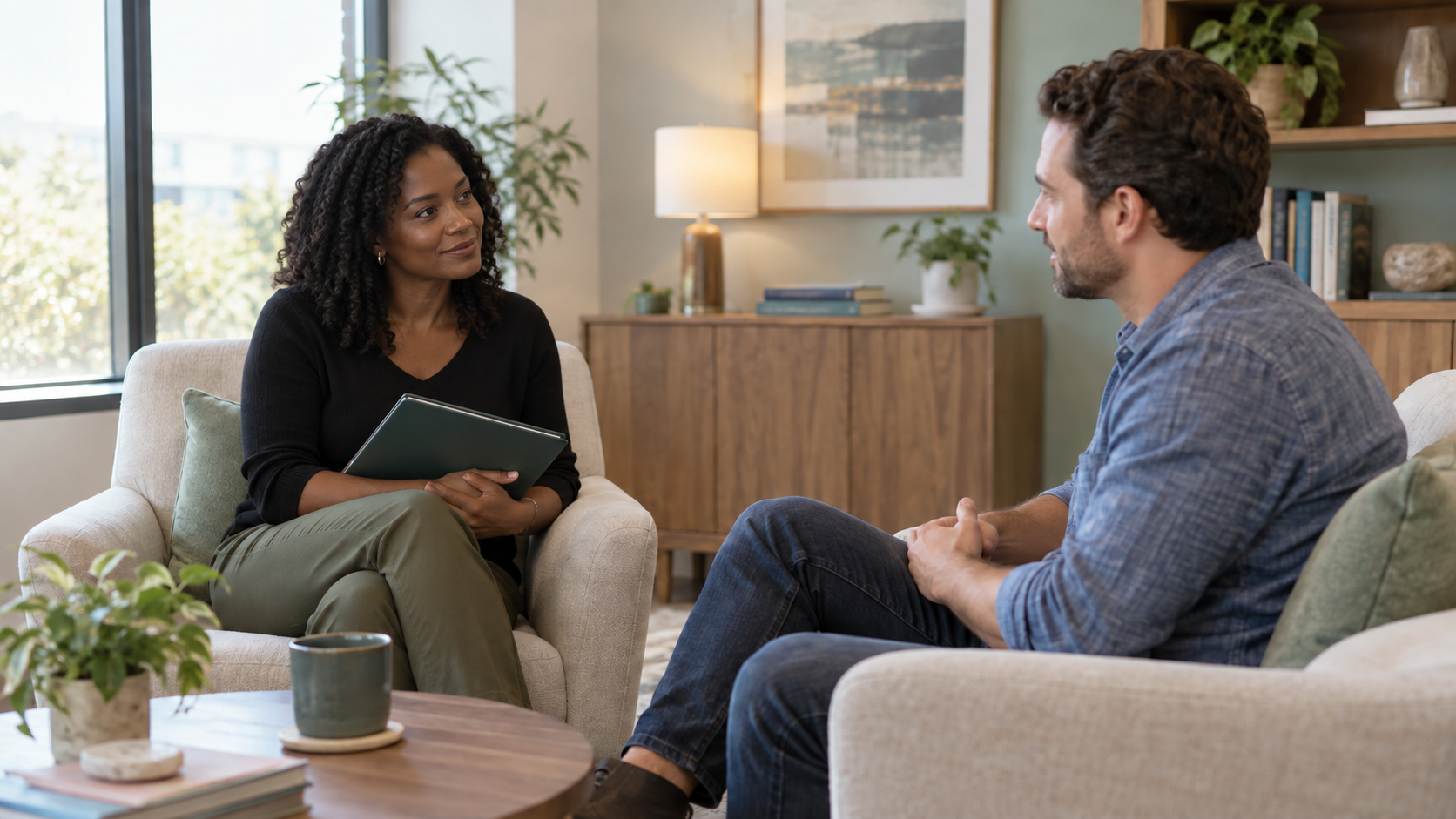 Black psychologist speaking with an adult client during an ADHD evaluation consultation