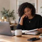 Black woman reviewing an organized planner beside her laptop in a warm home office