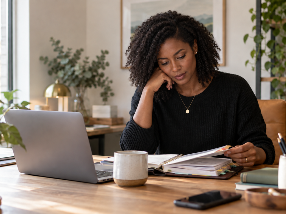 Black woman reviewing an organized planner beside her laptop in a warm home office
