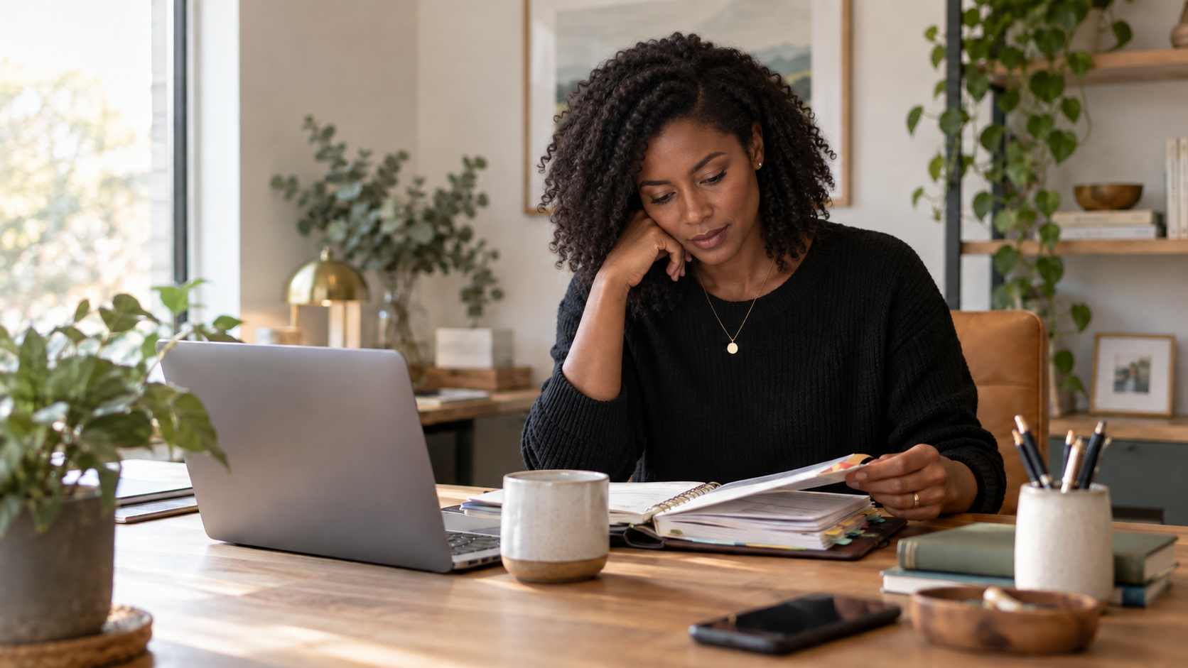Black woman reviewing an organized planner beside her laptop in a warm home office