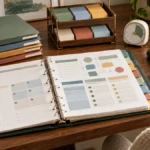 Open binder with color-coded sections and a simple flowchart on a wooden desk.