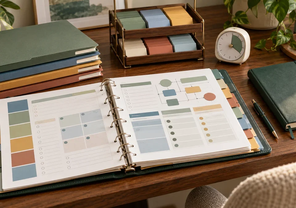 Open binder with color-coded sections and a simple flowchart on a wooden desk.