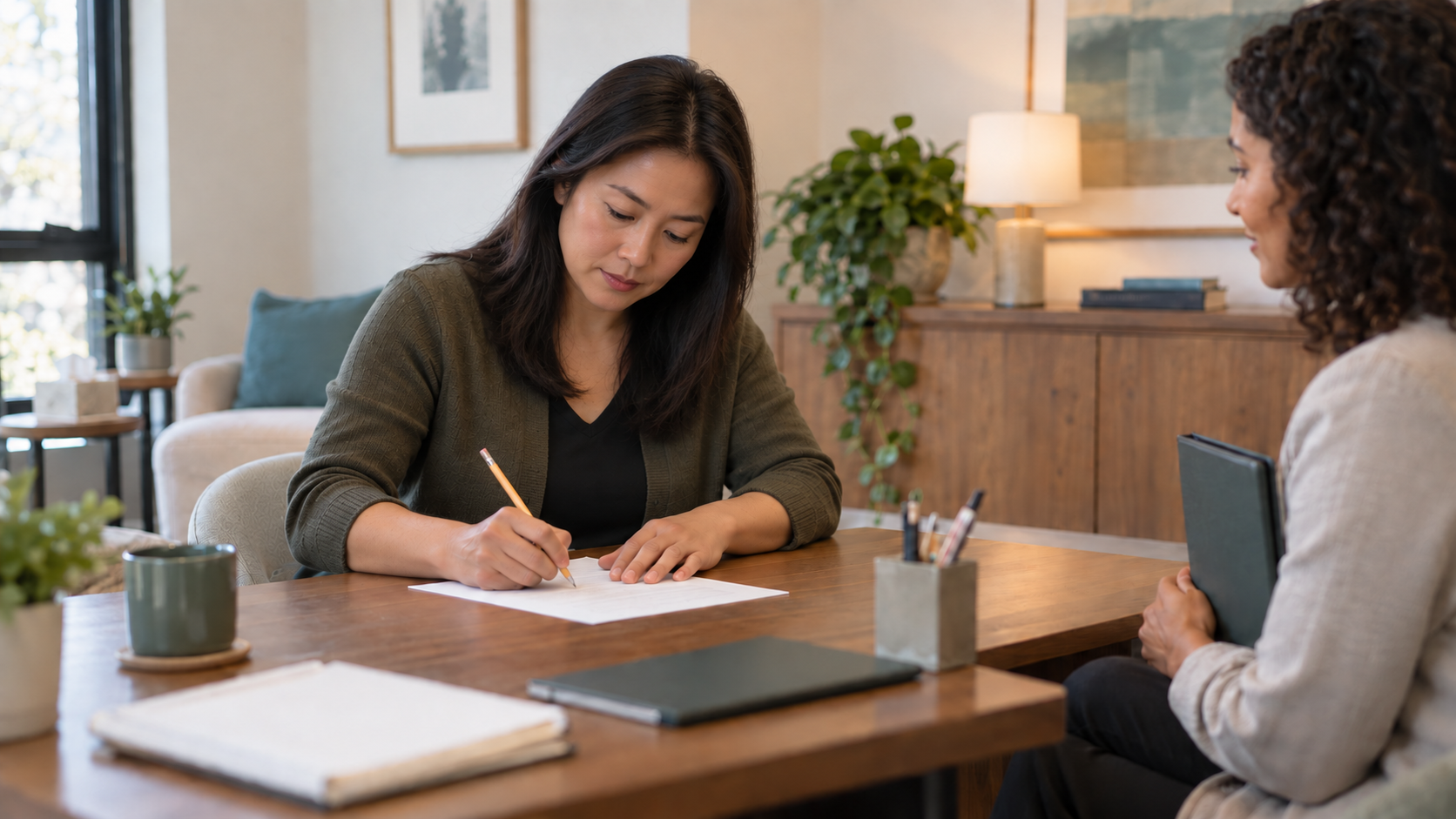 Asian woman in her 30s completing a generic paper-and-pencil task during an ADHD evaluation