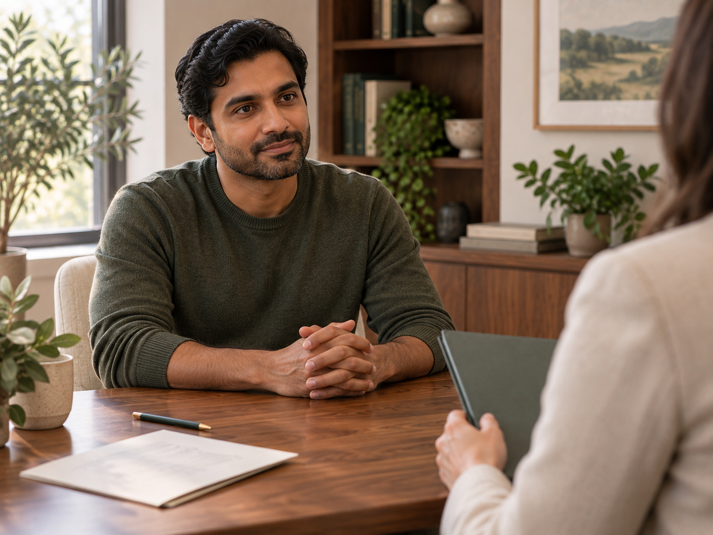 man in private office speaking to provider across desk