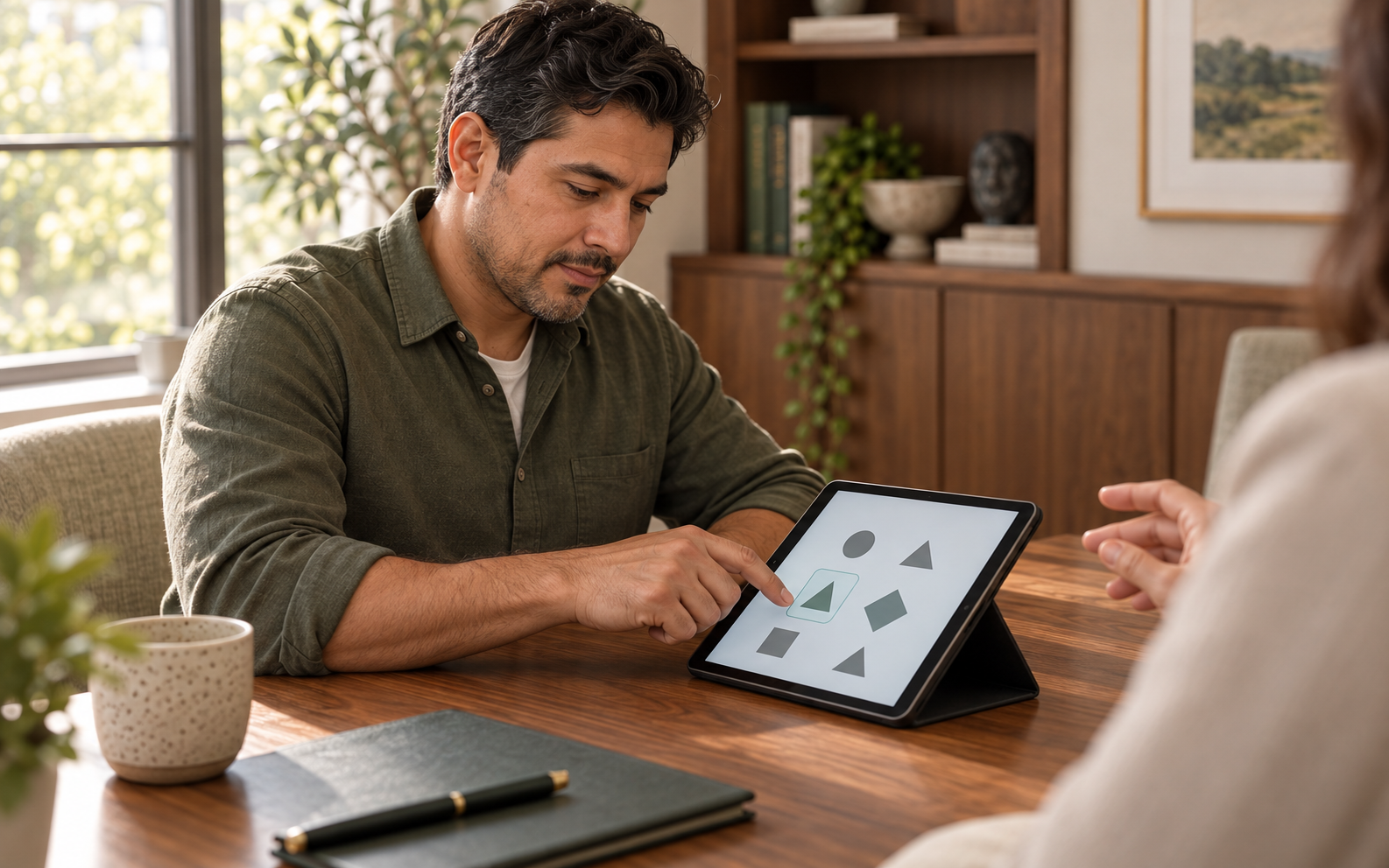 Man completes a visual attention exercise on a tablet during cognitive rehabilitation.