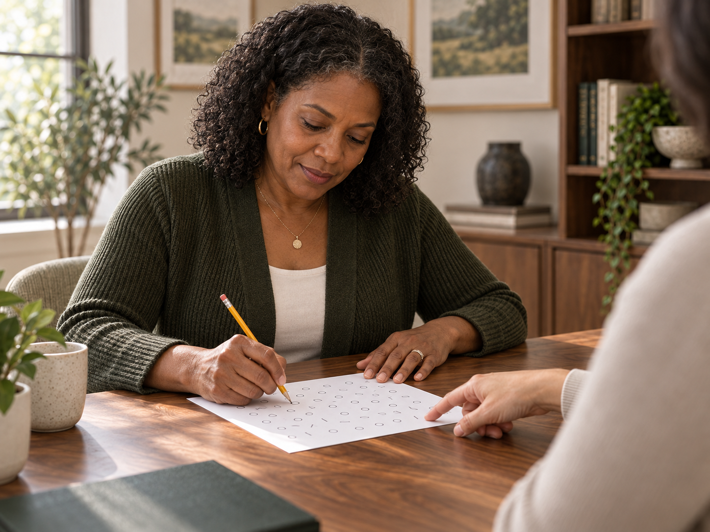 woman at a desk in a private office writing on a paper
