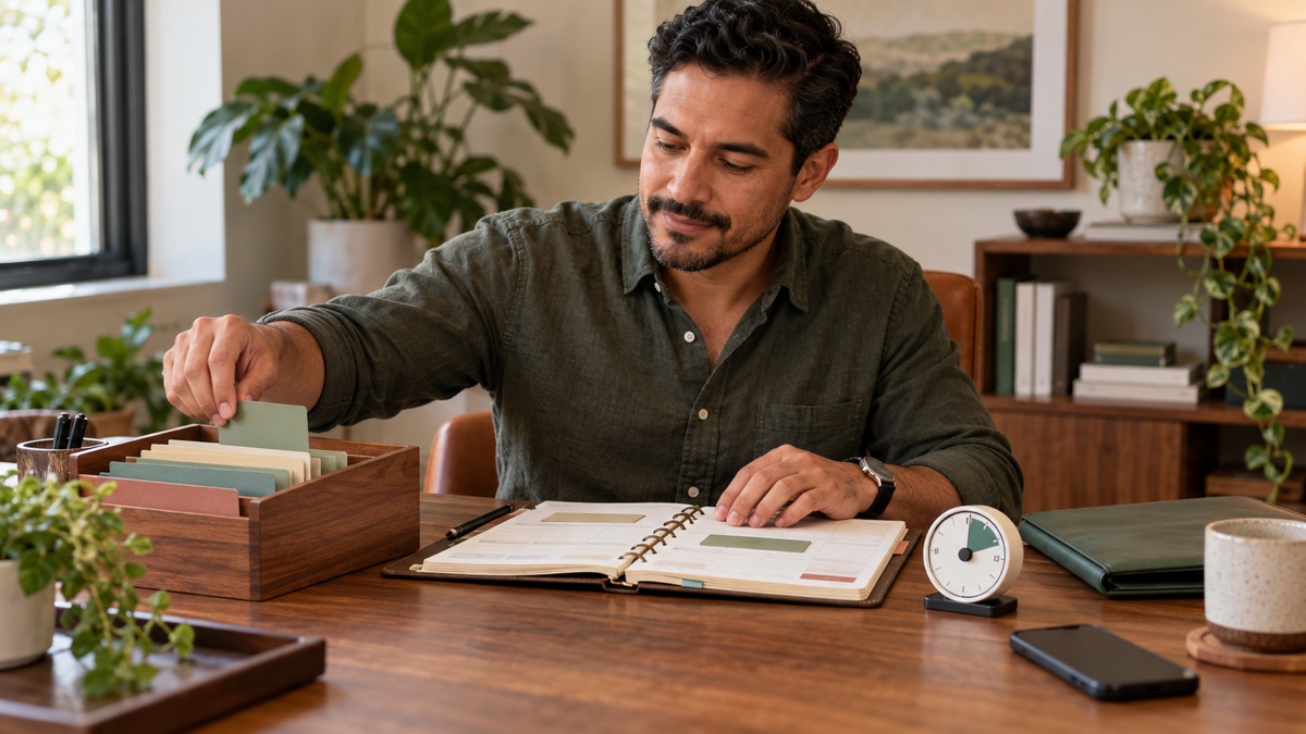Man using color-coded task cards, a weekly planner, and a timer to support executive functioning.