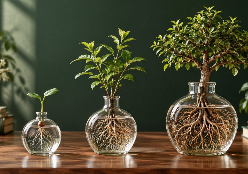 Three plants with increasingly complex root systems representing continued development across the lifespan.