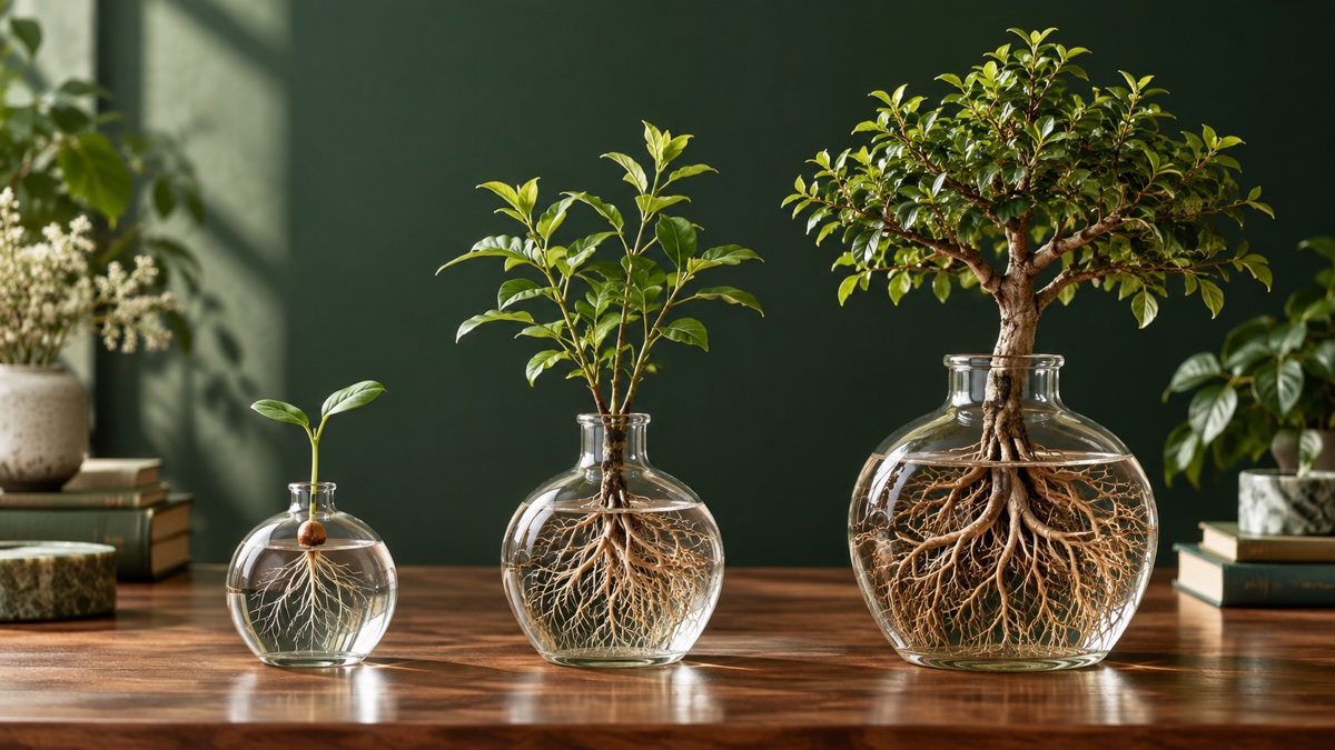 Three plants with increasingly complex root systems representing continued development across the lifespan.