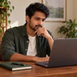 Man thoughtfully reviewing information on a laptop in a warm home office.