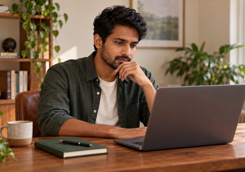 Man thoughtfully reviewing information on a laptop in a warm home office.