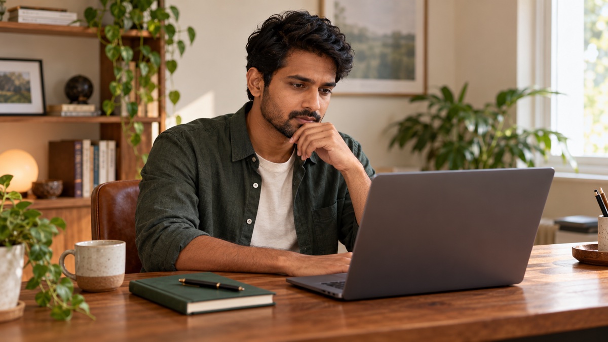 Man thoughtfully reviewing information on a laptop in a warm home office.