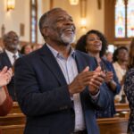 Multiracial group of adults singing and clapping together during a faith-community gathering.