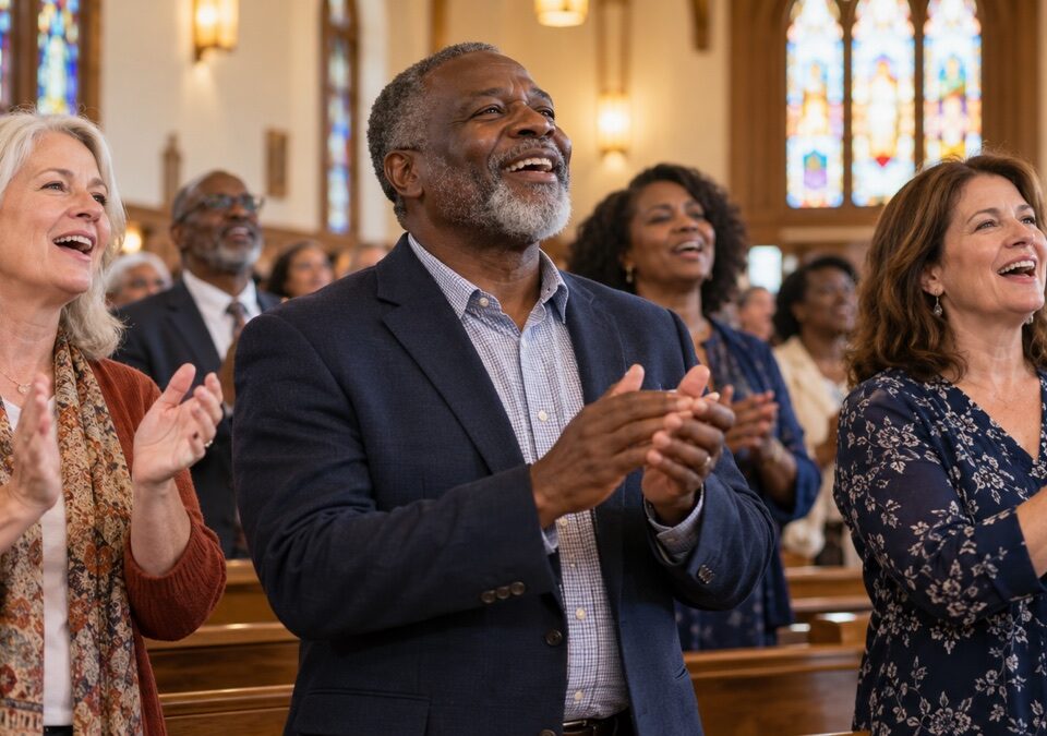 Multiracial group of adults singing and clapping together during a faith-community gathering.