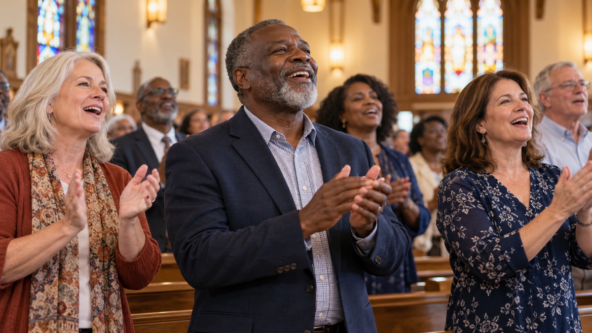 Multiracial group of adults singing and clapping together during a faith-community gathering.