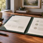 Open assessment report folder with abstract findings arranged on a walnut desk.