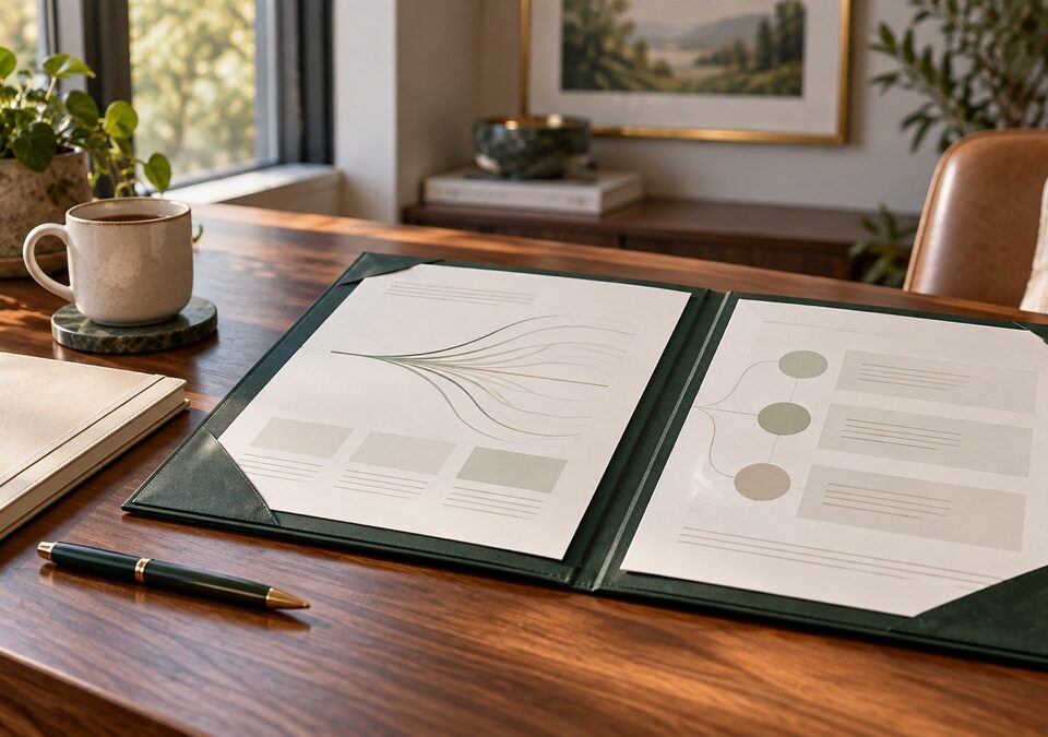 Open assessment report folder with abstract findings arranged on a walnut desk.