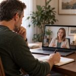 Man participating in a virtual cognitive rehabilitation session with a clinician.