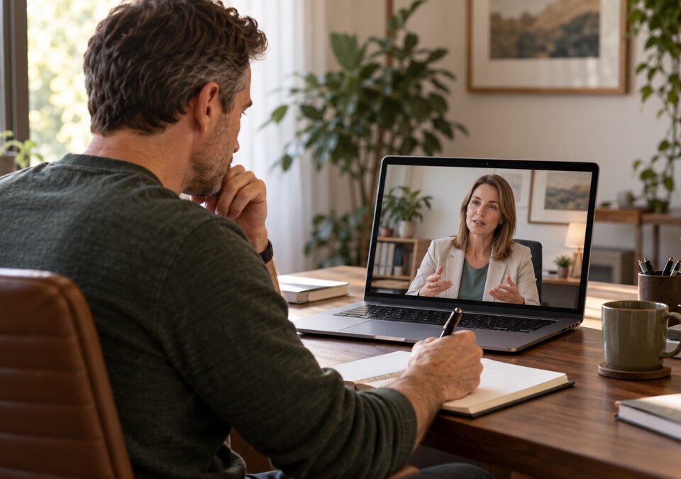 Man participating in a virtual cognitive rehabilitation session with a clinician.