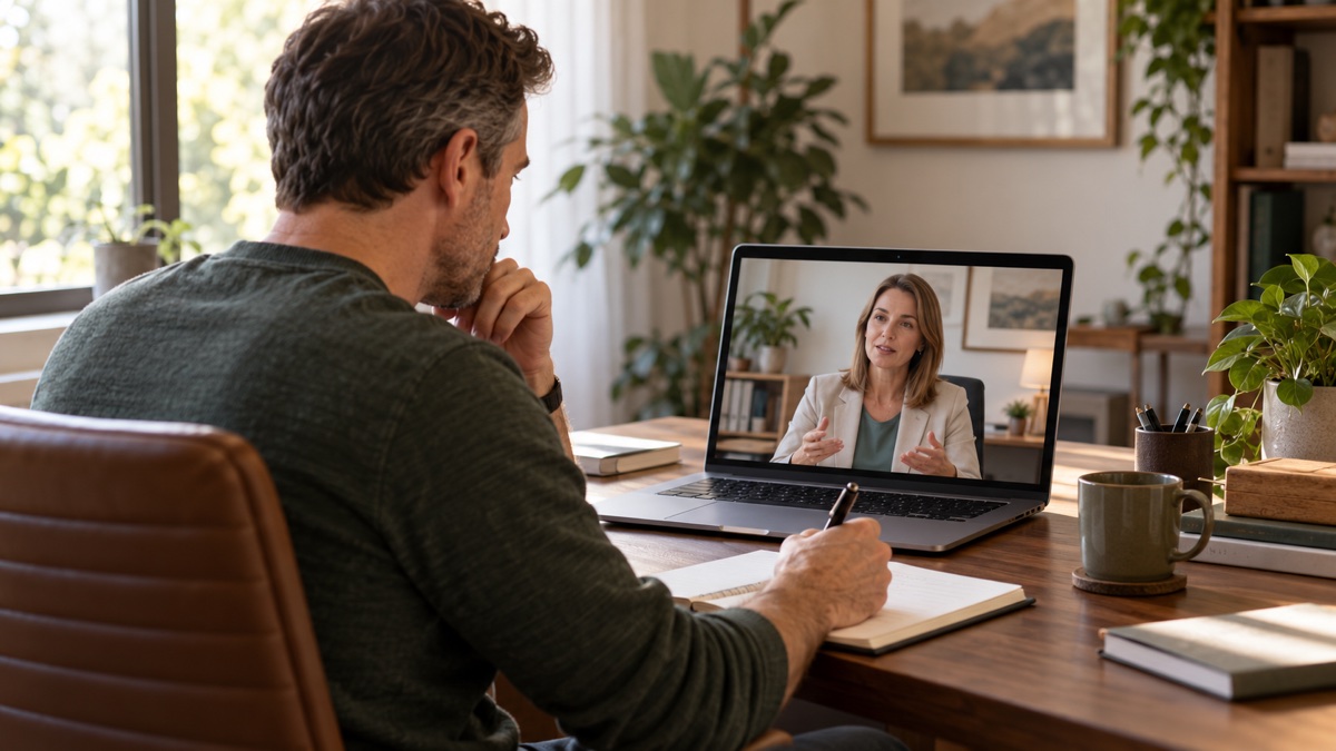 Man participating in a virtual cognitive rehabilitation session with a clinician.