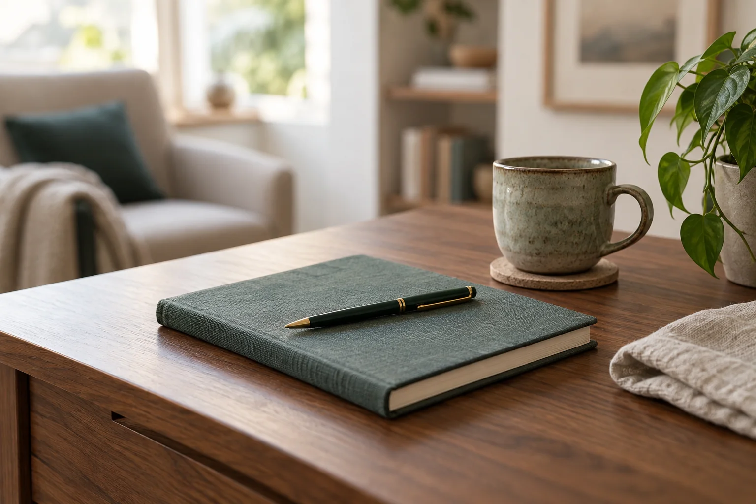 A sage notebook, pen, ceramic cup, and green plant on a walnut table in a calm office.
