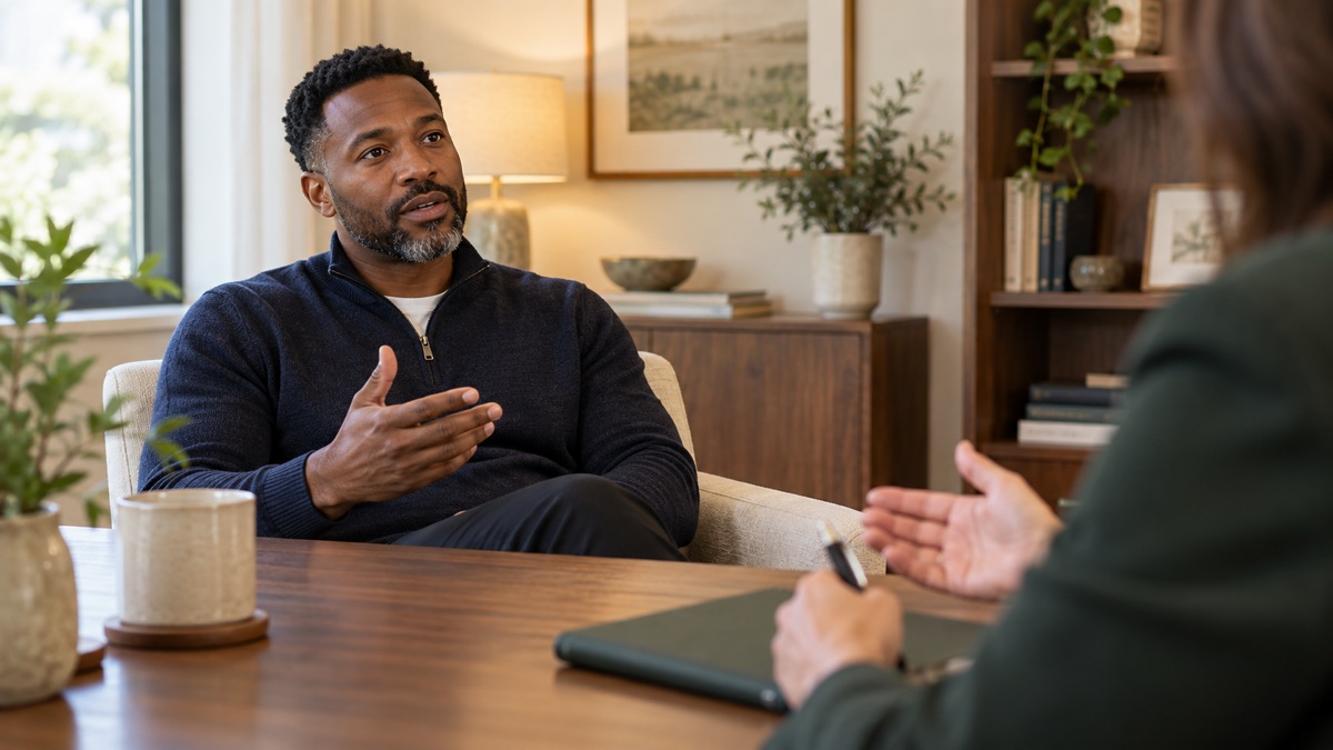 Man discussing memory and attention concerns during a neuropsychological consultation.