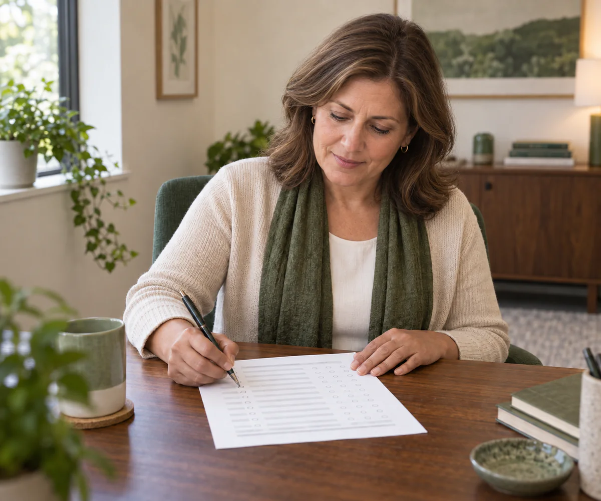Woman completing a standardized questionnaire about emotional readiness before surgery.