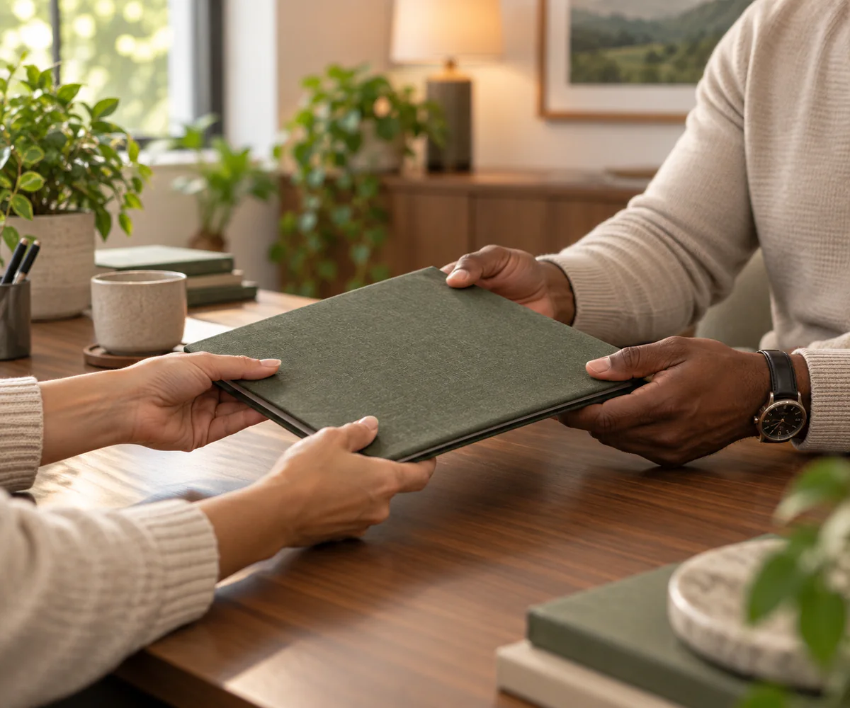 Client receiving a completed psychological readiness report in a private consultation office.